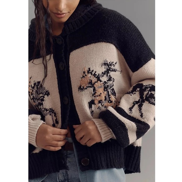 Anthropologie Pilcro Horse Button Front Hooded Cardigan Sweater Wool Black Cream - Picture 7 of 16